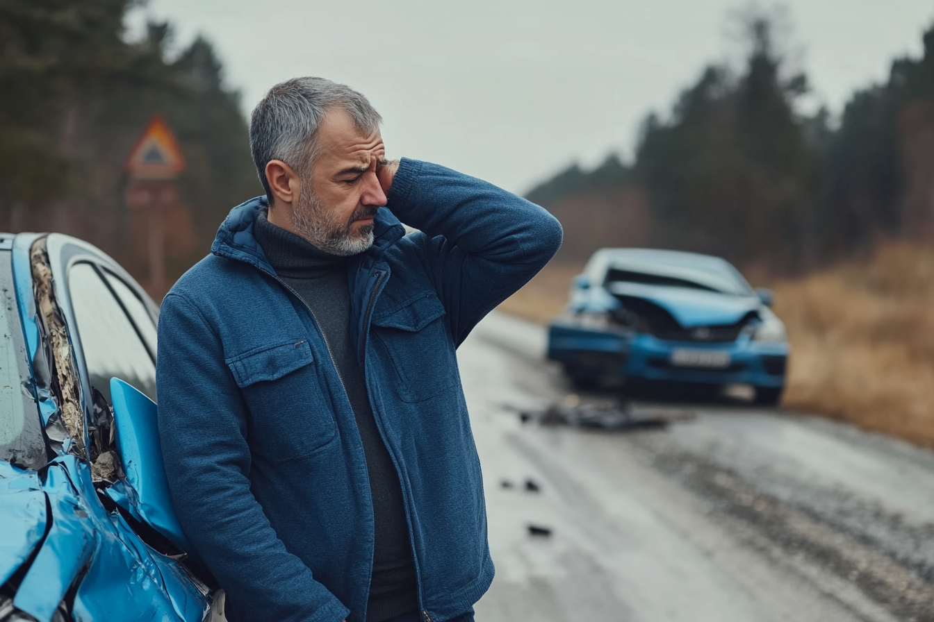 A man is positioned next to a damaged vehicle on the road, assessing the aftermath of a collision.