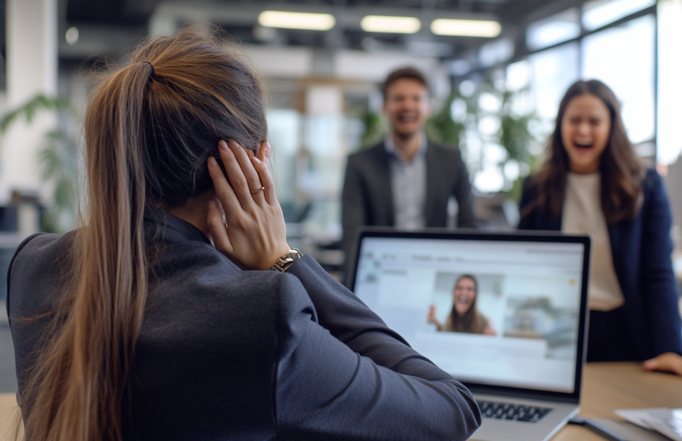 Image of a woman sitting at her desk in a workplace, looking distressed with her hands covering her ears as two colleagues in the background laugh. The expression on her face and the body language of the colleagues suggest she’s feeling uncomfortable or bullied in a professional environment.